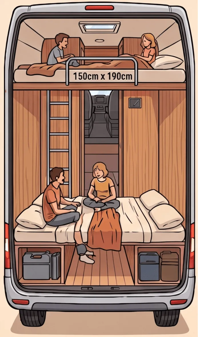 Il·lustració del darrere de la camper amb les dues lliteres dobles muntades per dormir quatre persones