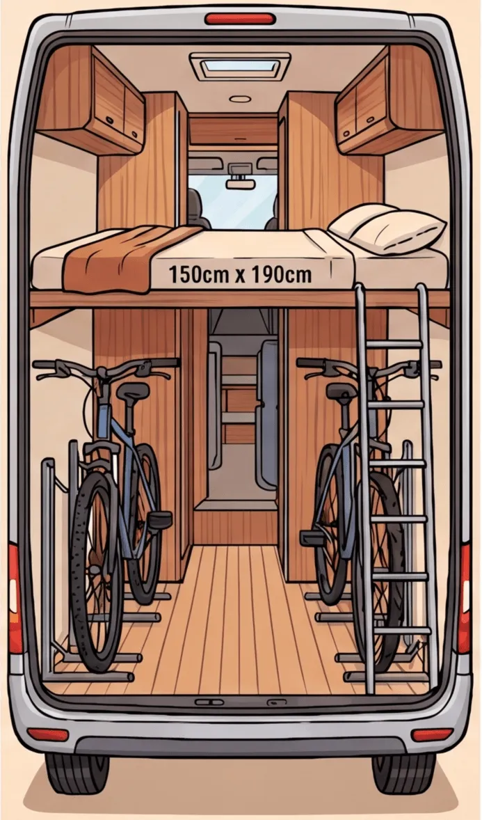 Il·lustració del darrere de la camper amb el llit doble a dalt i dues bicicletes guardades a sota